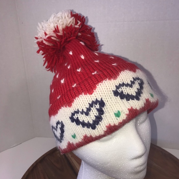 Vtg 80s Marceau pom-pom wool hat hearts winter red - Picture 5 of 8